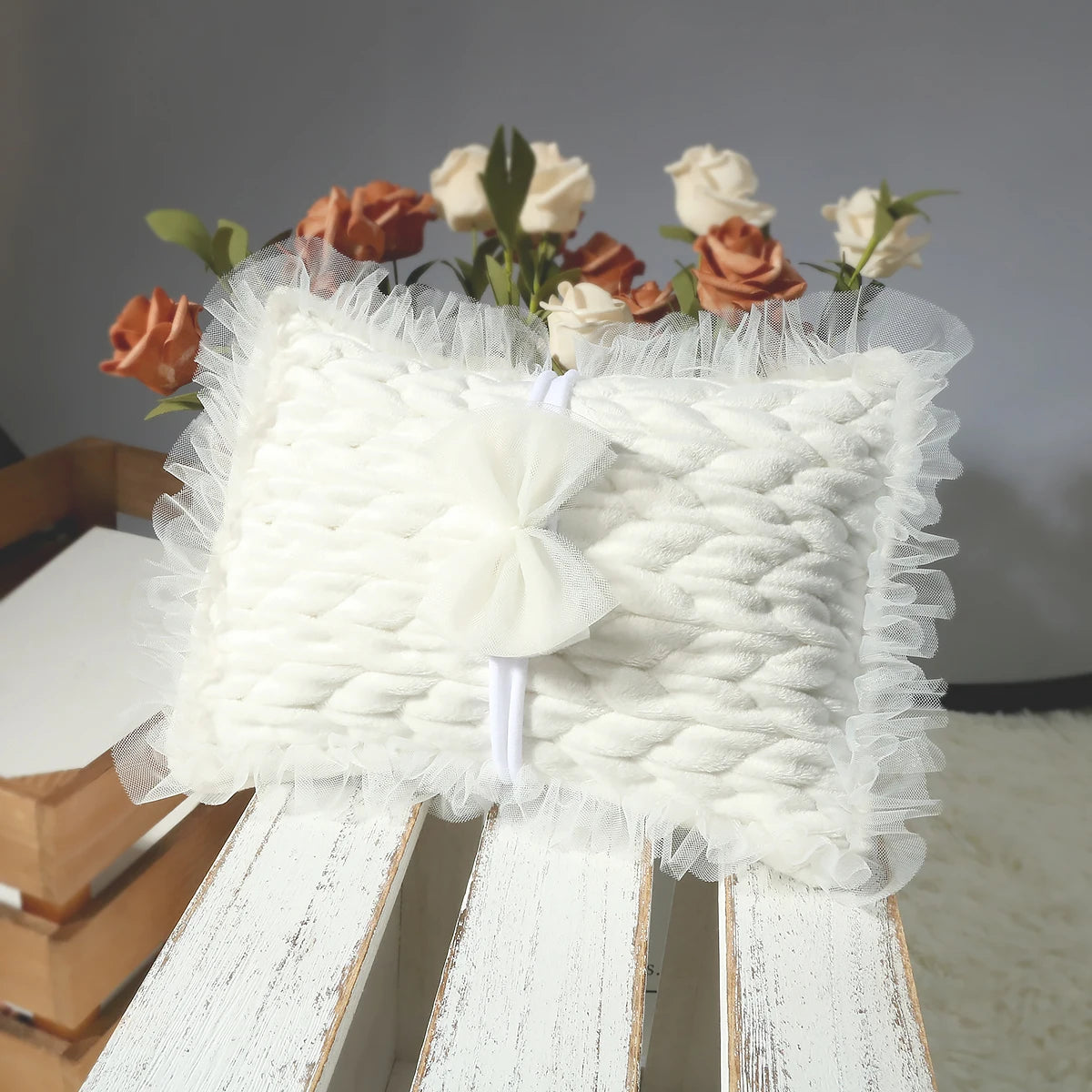 Vintage Lace Newborn Romper Set with Posing Pillow & Headband