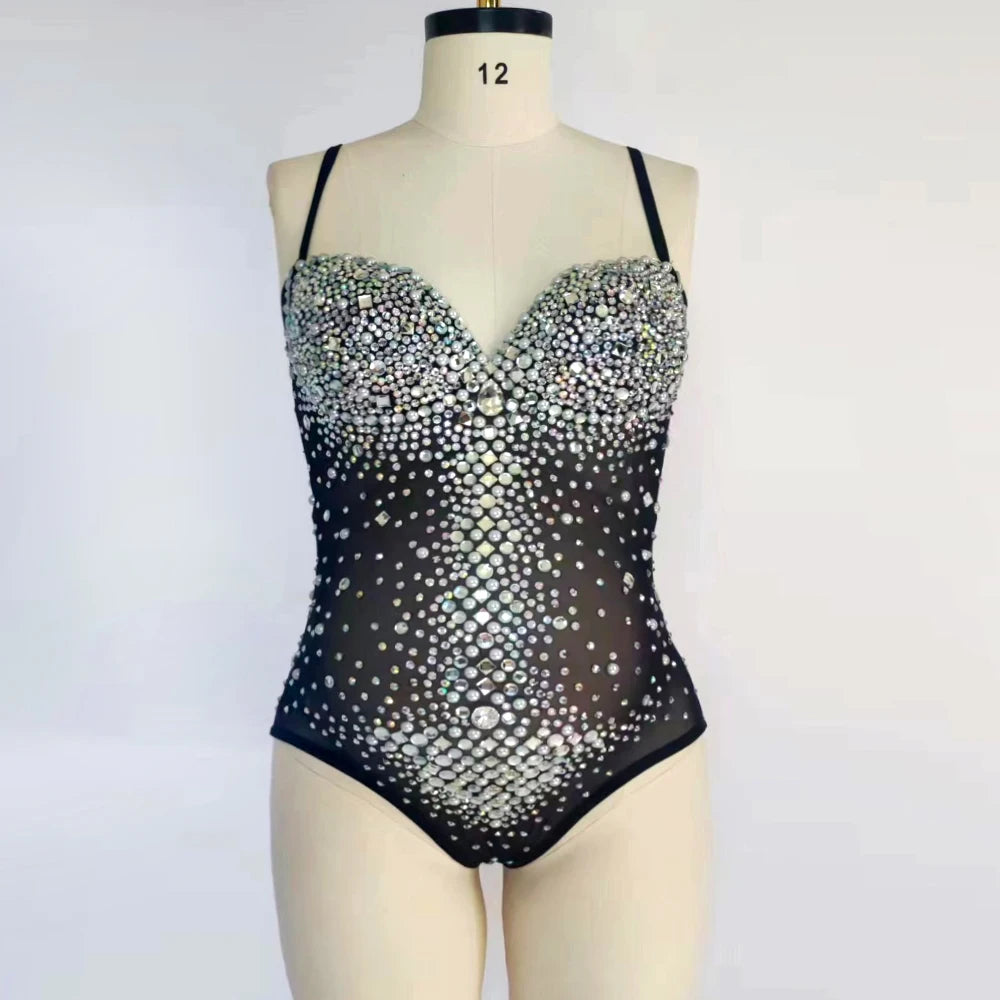 Maternity Luxurious Bodysuit Rhinestones Pearls Stretch Spandex Jumpsuit