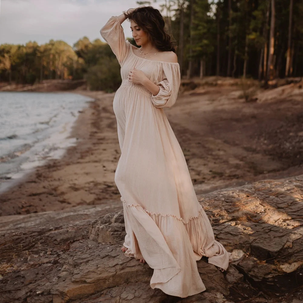 Bohemian Pregnancy Dress Vintage Comfortable Linen Cotton Off Shoulder Long Sleeved Dress Boho Style Baby Shower Dress