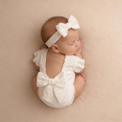 Newborn Baby Girl Eyelet Ruffled Romper Back Bow Matching Headband Photo