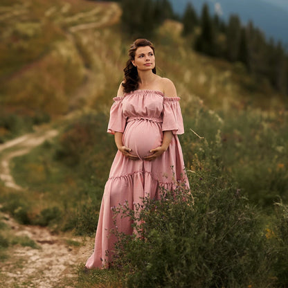 Maternity Boho Dress Comfortable Linen Cotton Vintage Short Sleeve
