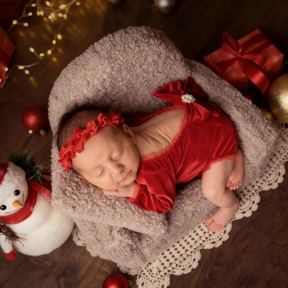 Newborn Baby Girl Red Velvet Christmas Romper Photo Bodysuit Off-shoulder Bow 0-3m