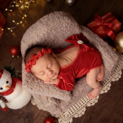 Newborn Baby Girl Red Velvet Christmas Romper Photo Bodysuit Off-shoulder Bow 0-3m