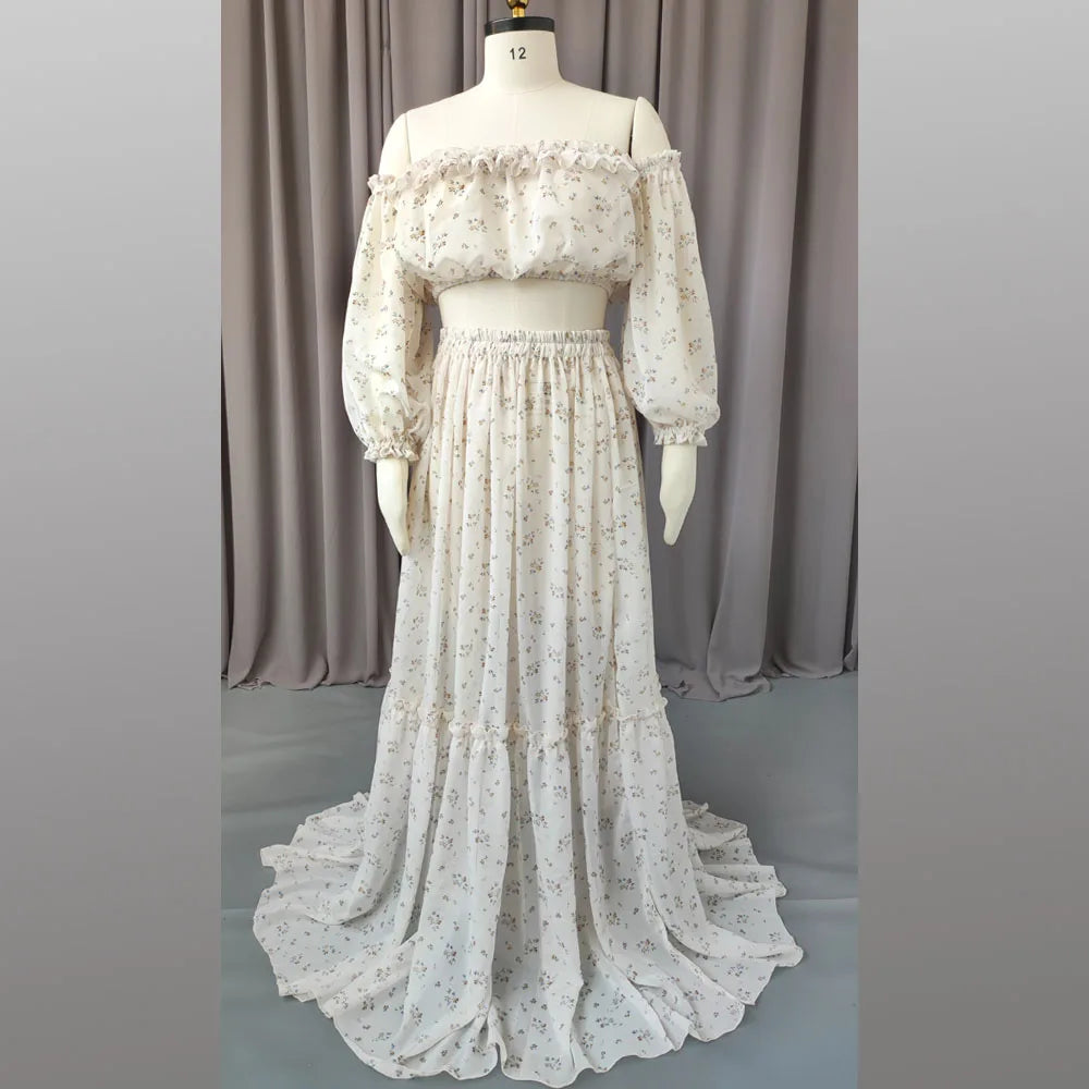 Maternity Elegant Floral Chiffon Dress One Shoulder Long Sleeved Two-piece