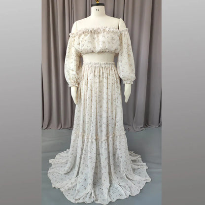 Maternity Elegant Floral Chiffon Dress One Shoulder Long Sleeved Two-piece