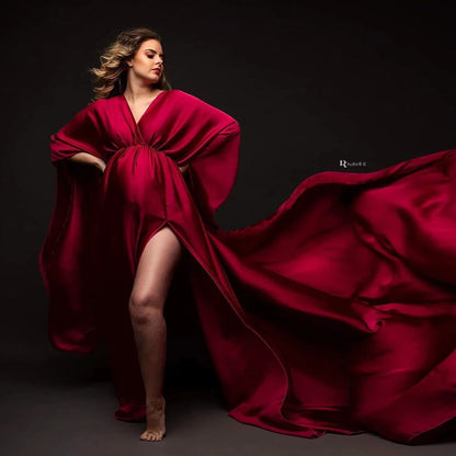 Maternity Elegant Soft Satin Chiffon Long Sleeved Dress Bohemian
