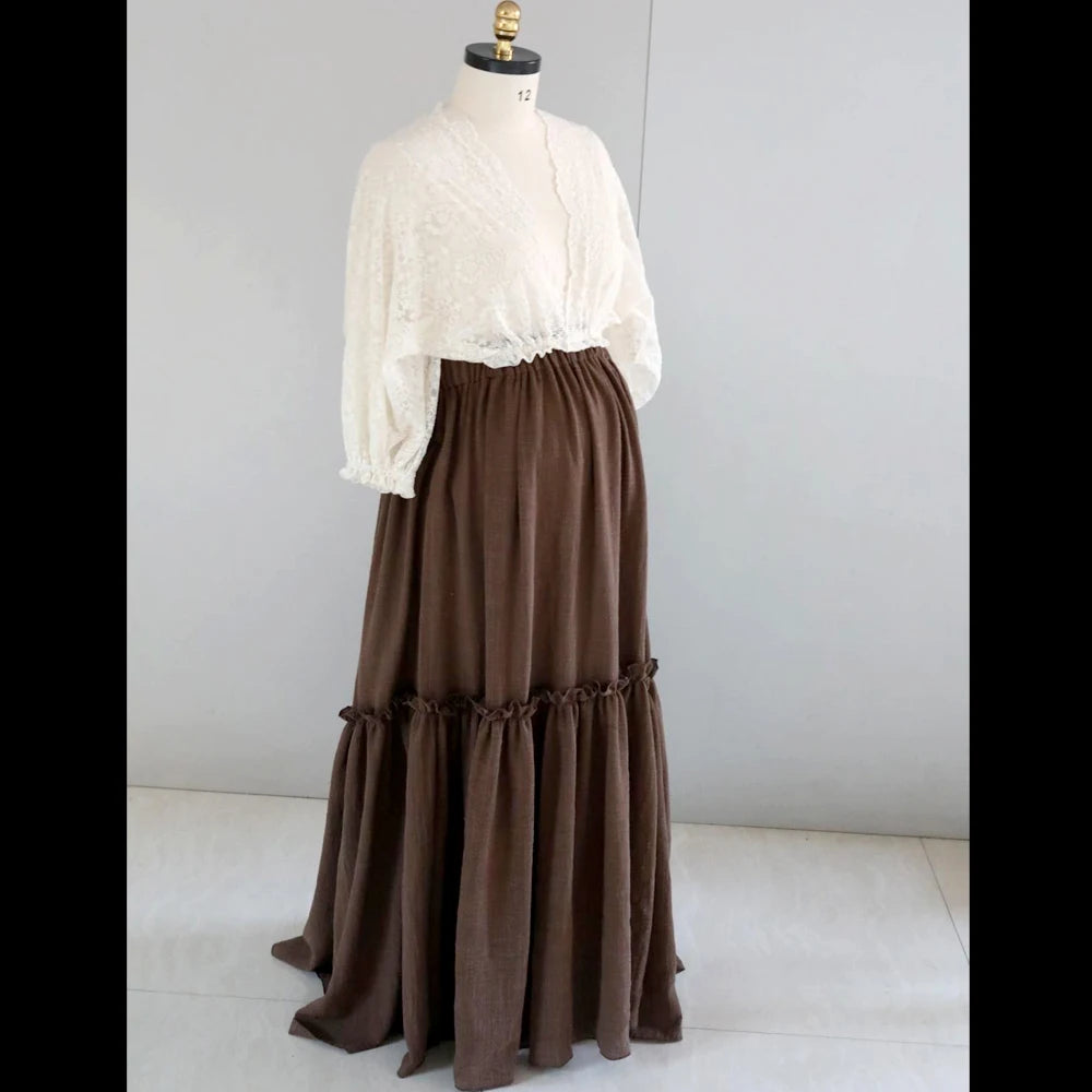 Maternity Bohemian Dual Color Design Two-pieces Set Vintage Lace Top Linen Cotton Skirt
