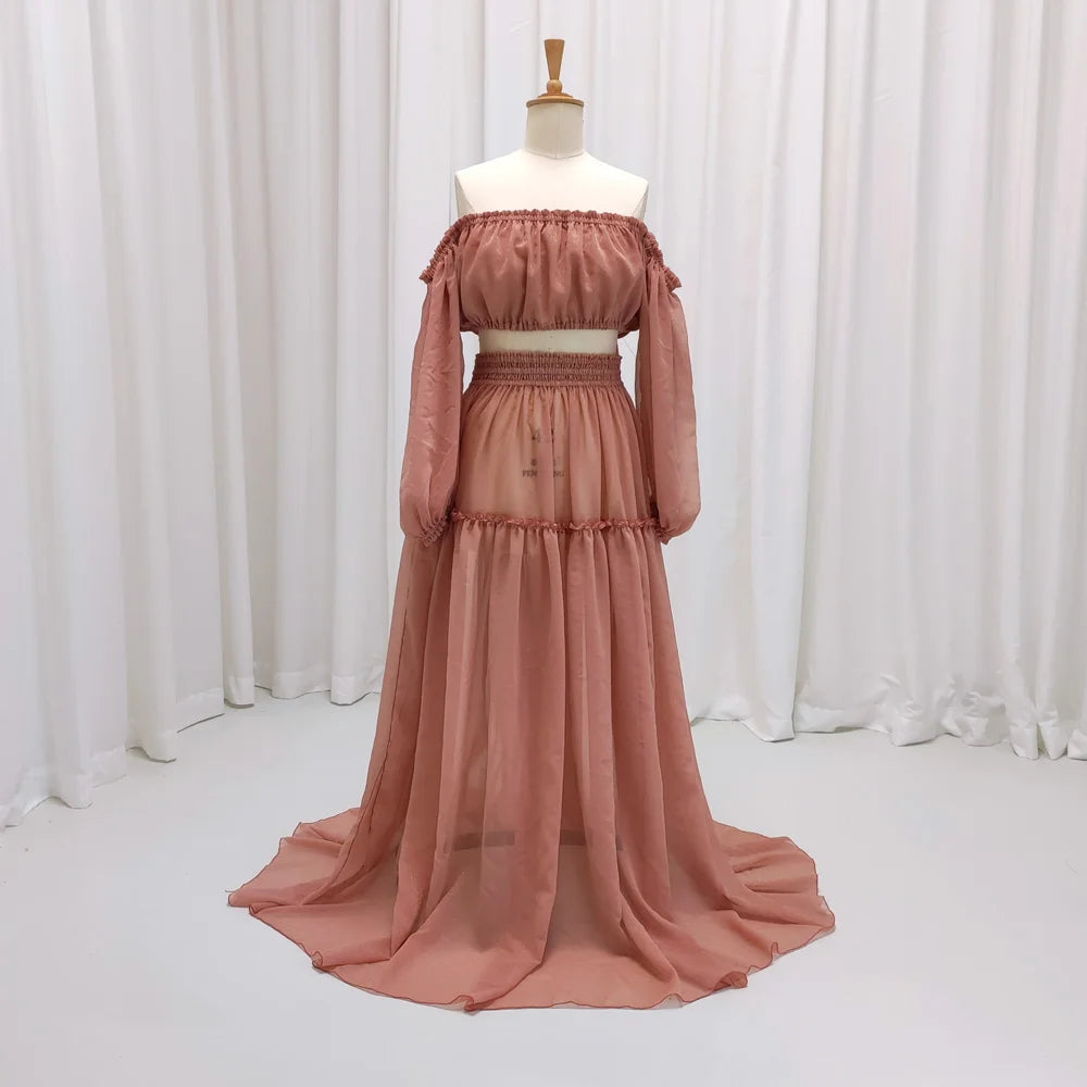 Boho Maternity Dress For Photo Shoot Woman Starlight Dot Chiffon Dress Off Shoulder Long Sleeve Beach Photography Gown