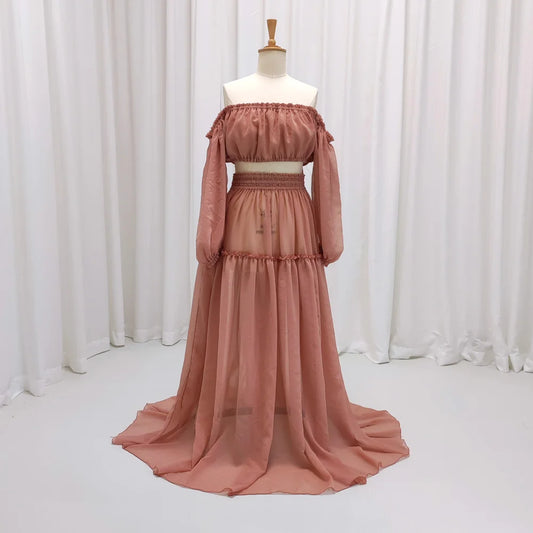 Boho Maternity Dress For Photo Shoot Woman Starlight Dot Chiffon Dress Off Shoulder Long Sleeve Beach Photography Gown
