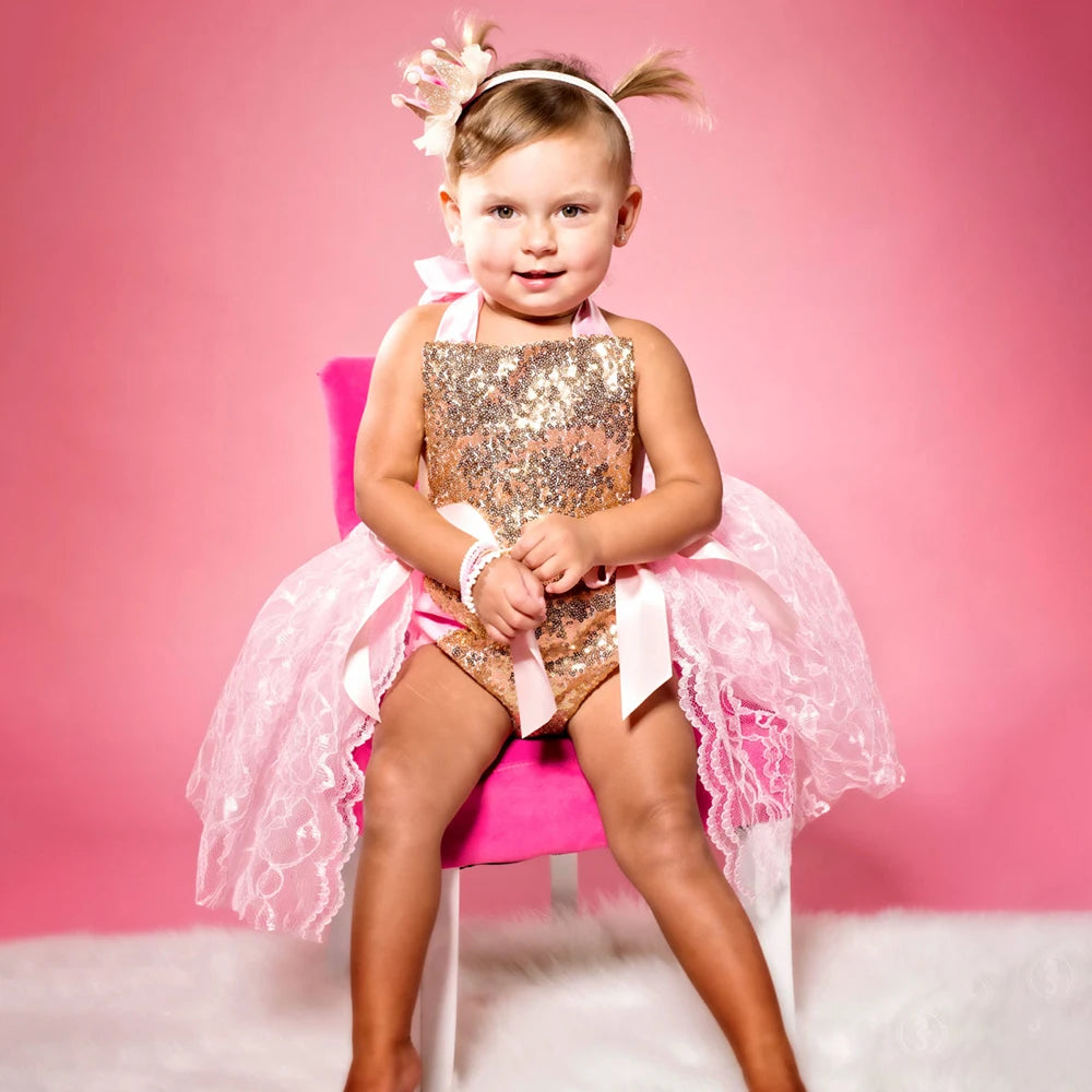 Newborn Baby Girl Sequin Romper Pink Lace Tutu Birthday Holiday Photo
