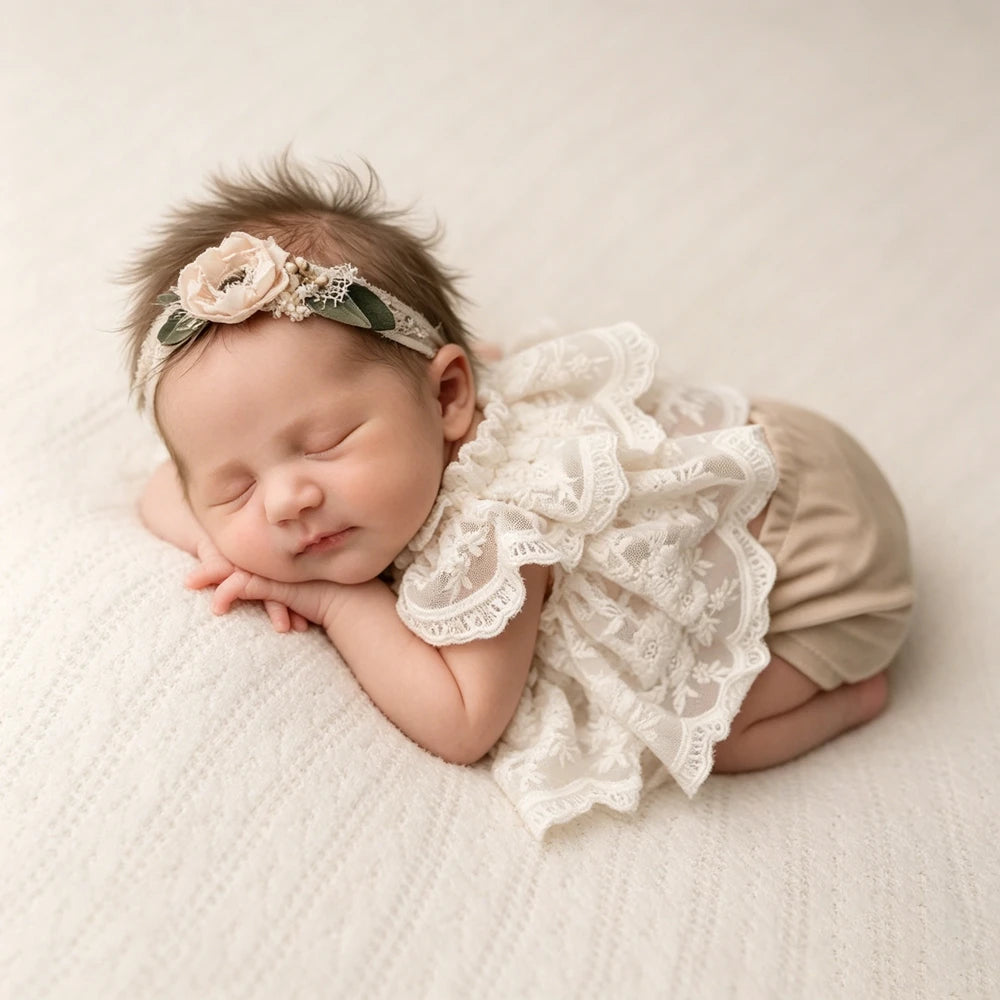 Baby Girl White Lace Ruffle Romper Newborn Dress Back Bow