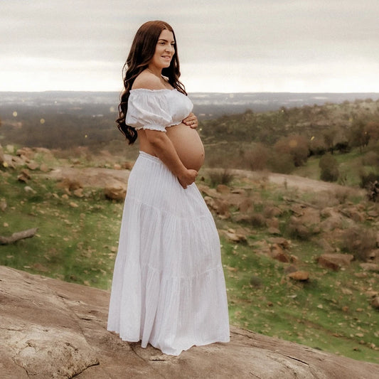 Maternity Comfortable Linen Cotton Dress One Shoulder Short Sleeved Two-piece Set Ankle Length Skirt