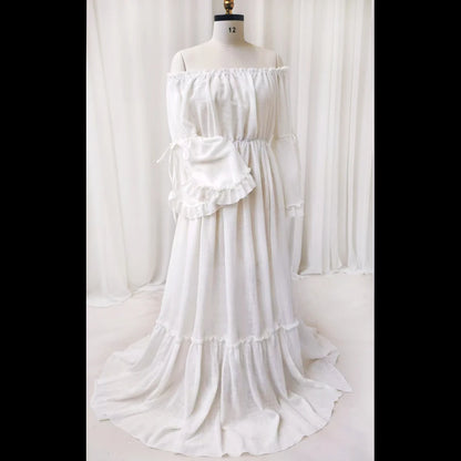 Maternity Comfortable Linen Cotton One Shoulder Lace Long Sleeved Dress