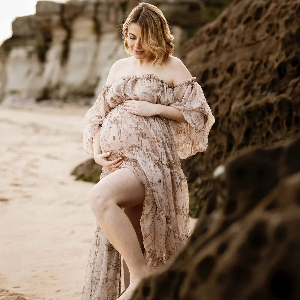 Maternity Printed Chiffon Long Sleeved Shoulder Material Elegant Dress