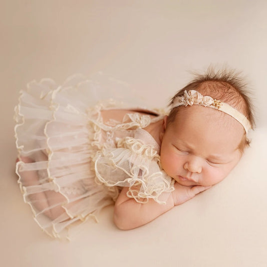 Lace Tutu Romper Newborn Beige Tulle Bodysuit Baby Dress