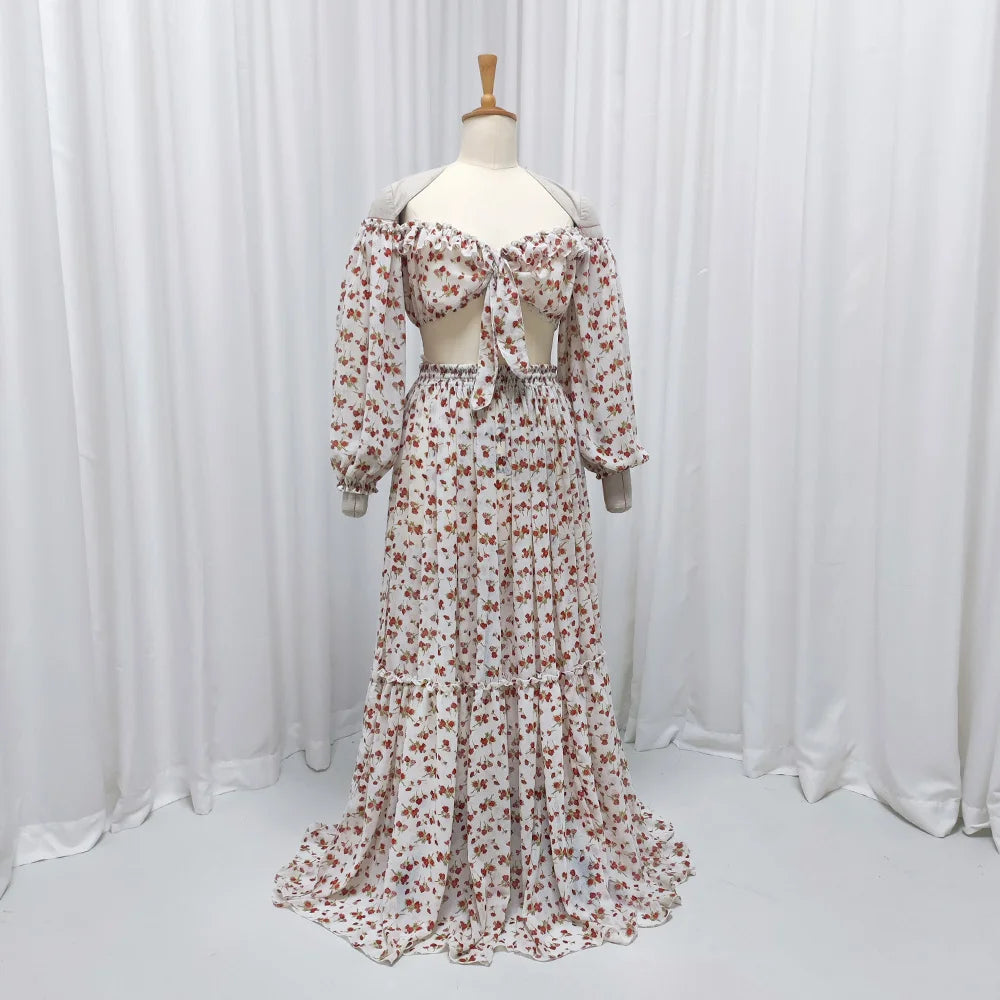 Bohemian Maternity Photo Dress Flowing Printed Chiffon Ruffle Edge Off Shoulder Two-piece Dress Set Photography Dress For Women