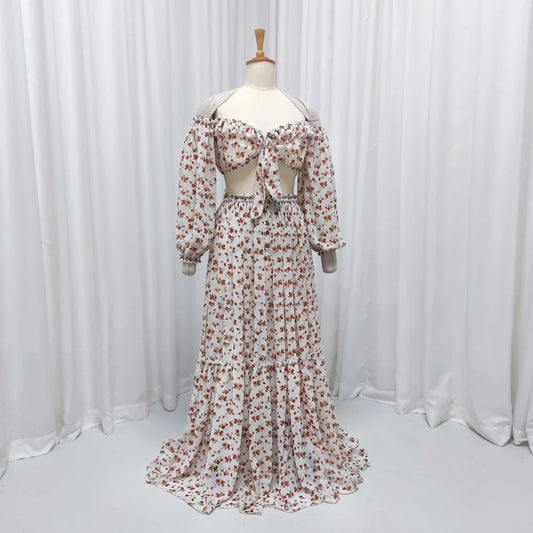 Bohemian Maternity Photo Dress Flowing Printed Chiffon Ruffle Edge Off Shoulder Two-piece Dress Set Photography Dress For Women
