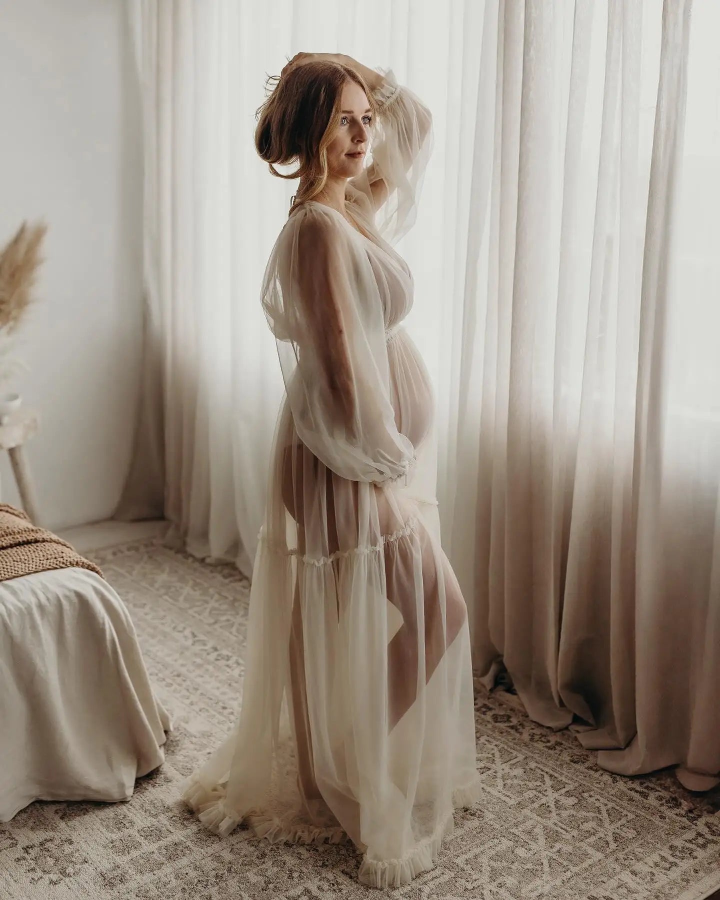 Photography Dress For Women White Transparent Chiffon V-neck Long Sleeved Dress Maternity Dress For Photo Shoot Pregnant