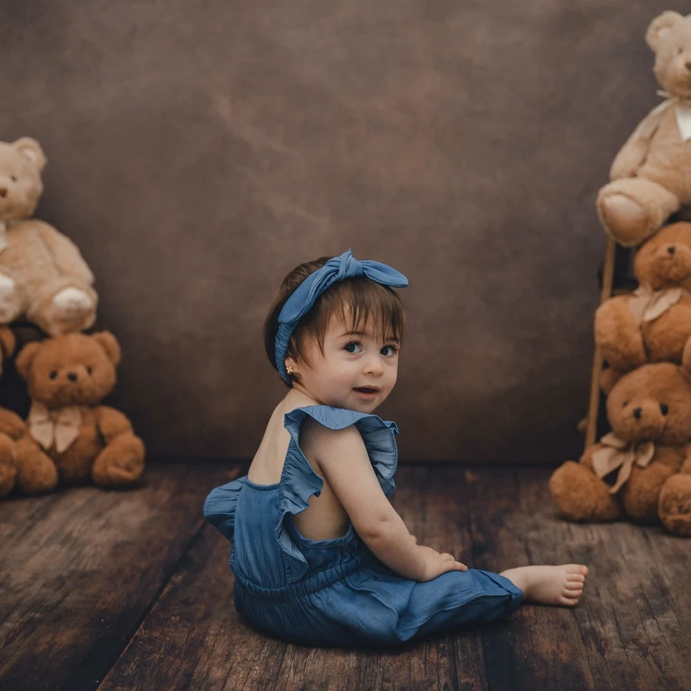 Newborn Photo Baby Girl Blue Ruffle Denim Romper Bunny Headband Set Soft