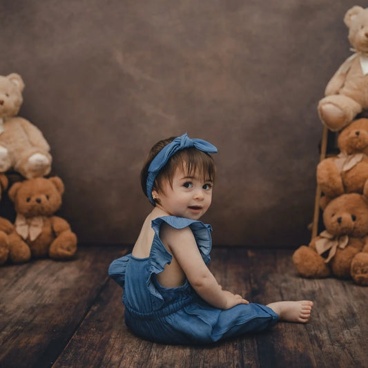Newborn Photo Baby Girl Blue Ruffle Denim Romper Bunny Headband Set Soft
