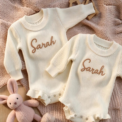 Newborn Personalized Baby Girl Knit Romper Ruffle Skirt Custom Name Embroidery Bow Headband Photo