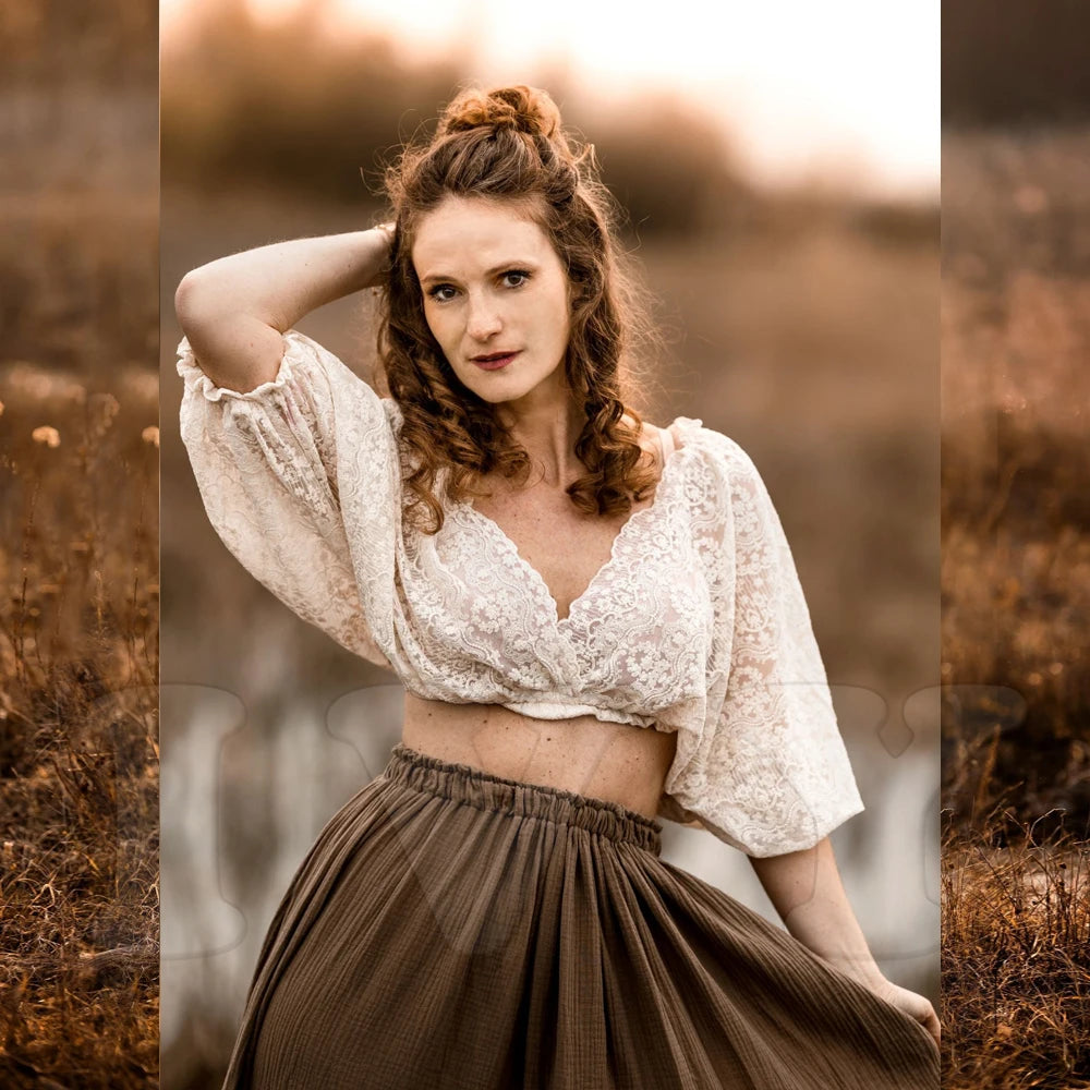 Maternity Bohemian Dual Color Design Two-pieces Set Vintage Lace Top Linen Cotton Skirt