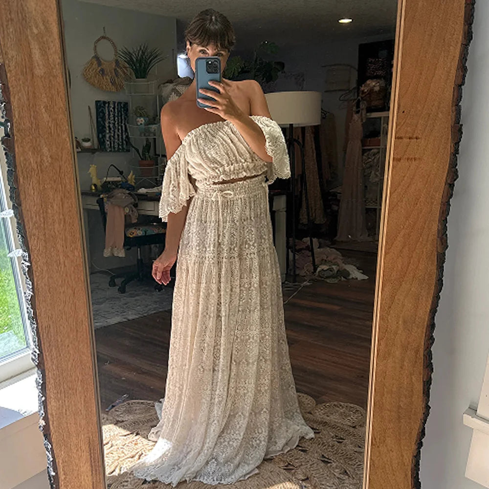 Maternity Dresses For Photo Shoot Simple Elegant Cotton Thread Embroidered Off Shoulder Two Piece Photography Dress For Women