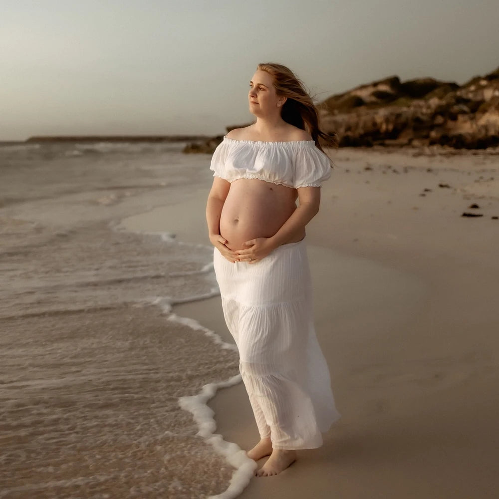 Maternity Comfortable Linen Cotton Dress One Shoulder Short Sleeved Two-piece Set Ankle Length Skirt
