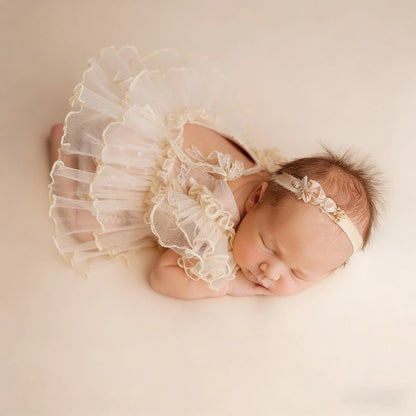 Lace Tutu Romper Newborn Beige Tulle Bodysuit Baby Dress