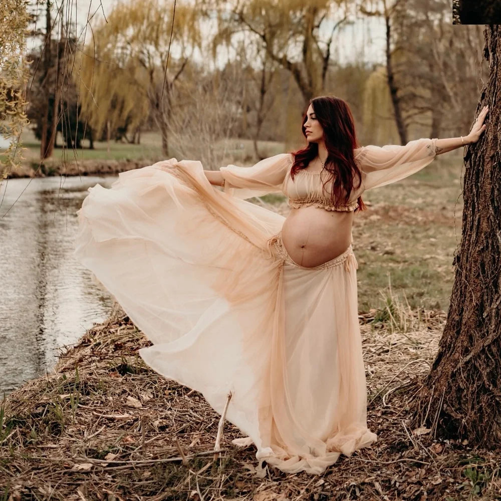 Maternity Dresses For Photo Shoot Sexy Transparent Chiffon Off Shoulder Ruffled Sleeves Two-Piece Dress Baby Showers Dress