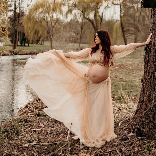 Maternity Dresses For Photo Shoot Sexy Transparent Chiffon Off Shoulder Ruffled Sleeves Two-Piece Dress Baby Showers Dress