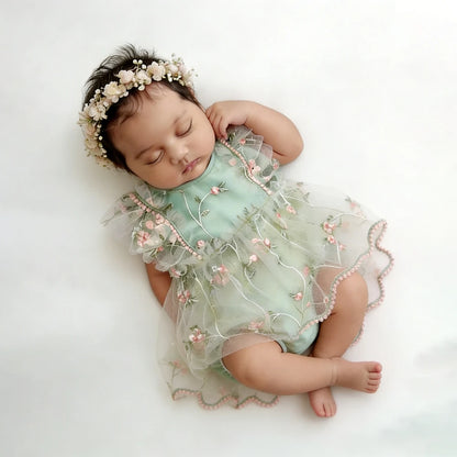 Newborn Girl Romper Embroidered Floral Tulle Boho