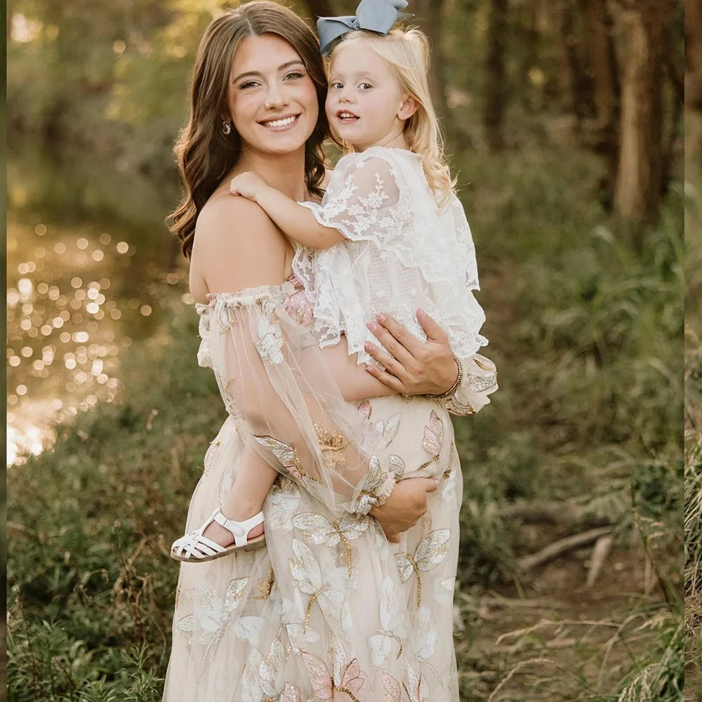 Elegant Photo Shoot Dress For Women Mesh Embroidery Sequins Off Shoulder Long Sleeves Dress Maternity Dresses For Baby Showers