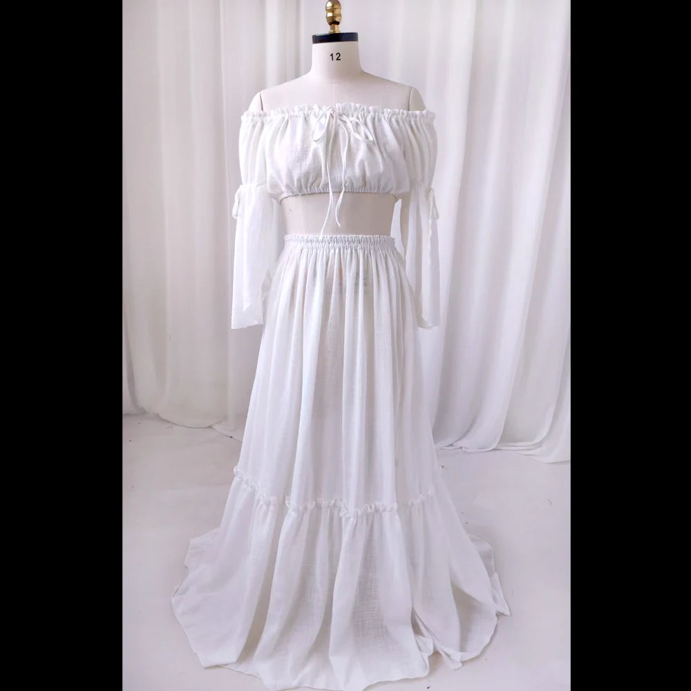 Maternity Linen Cotton Long Sleeved One Shoulder Elegant Two-piece Set Dress
