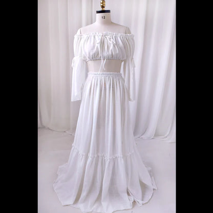Maternity Linen Cotton Long Sleeved One Shoulder Elegant Two-piece Set Dress