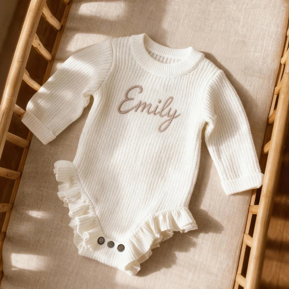 Newborn Personalized Baby Girl Knit Romper Ruffle Skirt Custom Name Embroidery Bow Headband Photo
