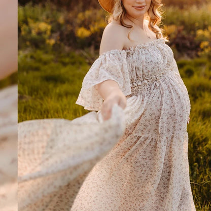 Maternity Dress Floral Chiffon Two-piece Long Sleeved Short Top Baby Showers