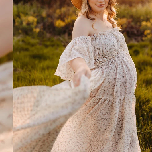 Maternity Dress Floral Chiffon Two-piece Long Sleeved Short Top Baby Showers