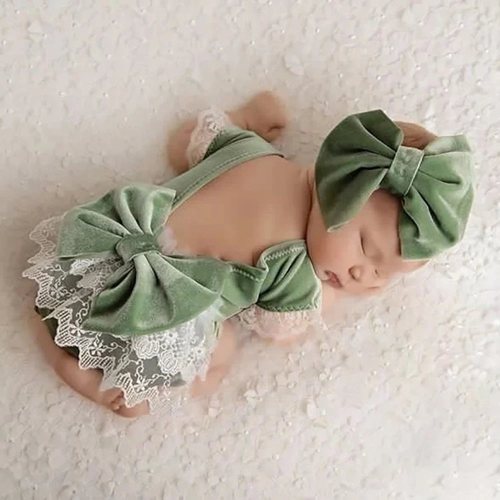 Christmas Velvet Newborn Romper Set Sage Green Baby Holiday