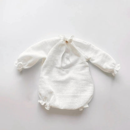 Vintage Newborn White Long Sleeve Romper Back Cutout Ruffle Detail Baby