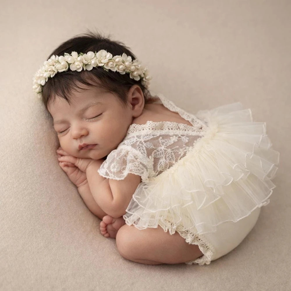 Newborn Vintage Cream Lace Romper Ruffle Skirt Costume Princess Studio Wardrobe