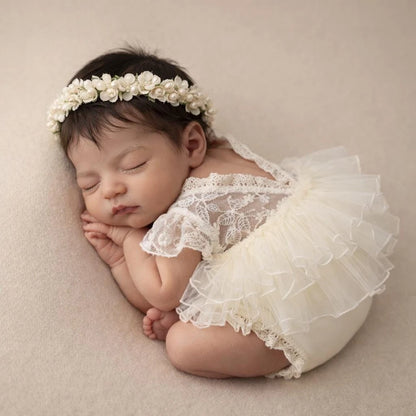Newborn Vintage Cream Lace Romper Ruffle Skirt Costume Princess Studio Wardrobe