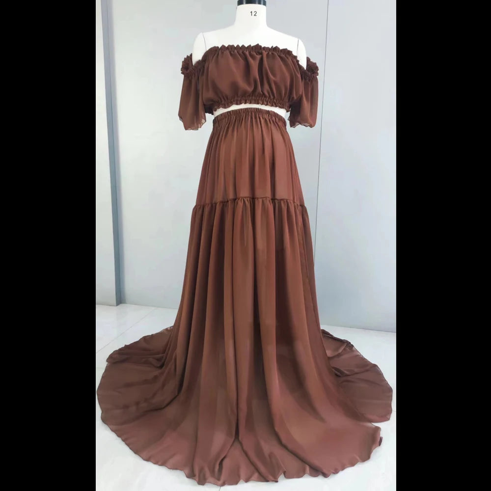 Solid Color ChiffonMaternity Dress Off The Shoulder Elastic Strapless Short Sleeved Dress Suitable For Female Photography