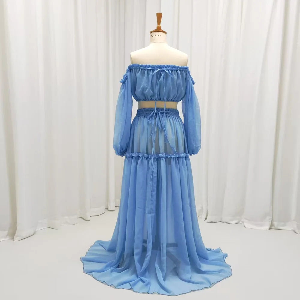 Boho Maternity Dress For Photo Shoot Woman Starlight Dot Chiffon Dress Off Shoulder Long Sleeve Beach Photography Gown