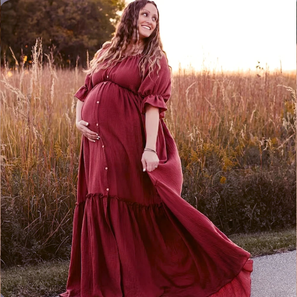 Maternity Clothes Soft Skin Friendly Linen Cotton Woman Bohemian Style Baby Showers Gown