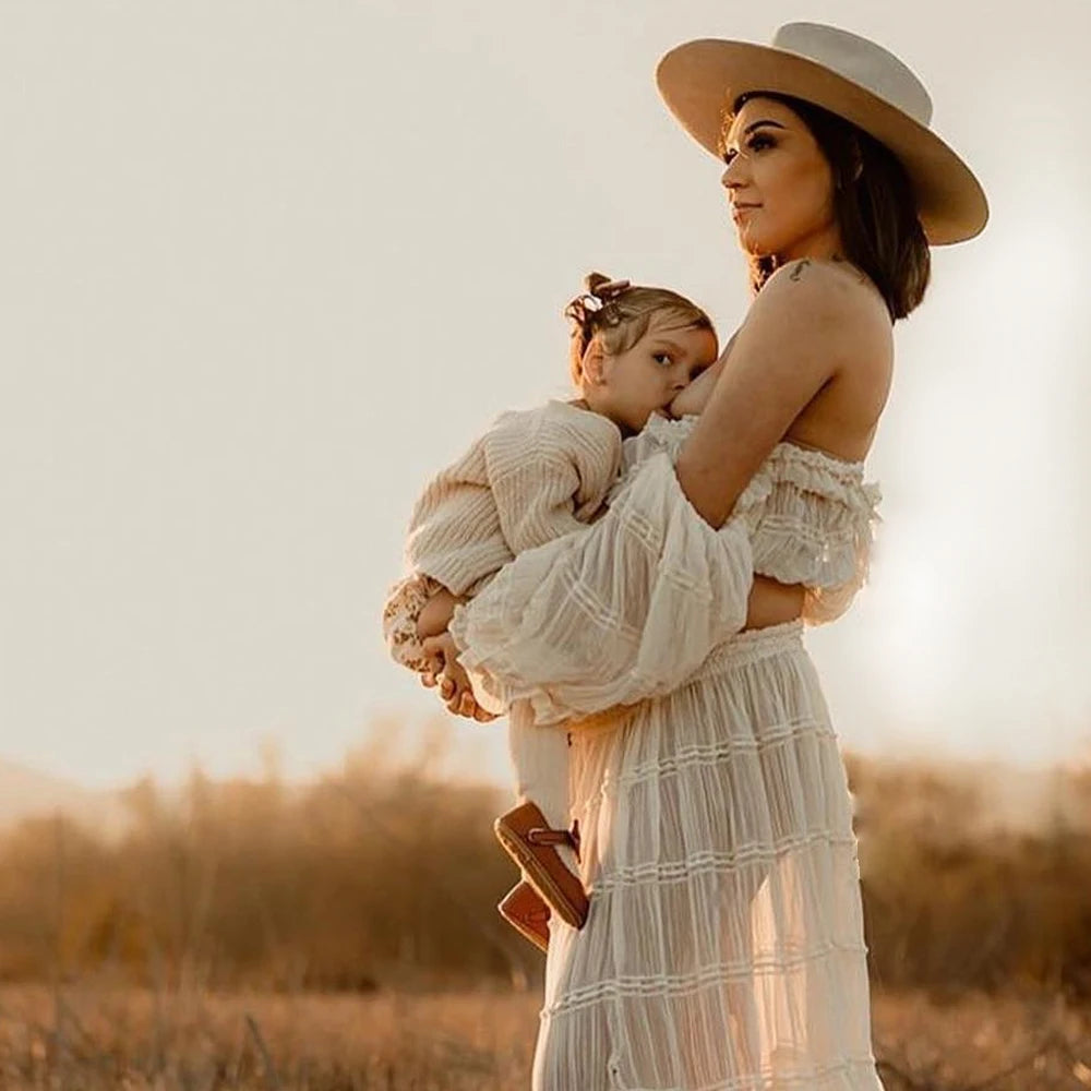 Maternity Pleated Chiffon Long Sleeve Off Shoulder Four Piece Boho Style Dress