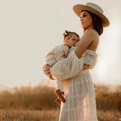Maternity Pleated Chiffon Long Sleeve Off Shoulder Four Piece Boho Style Dress