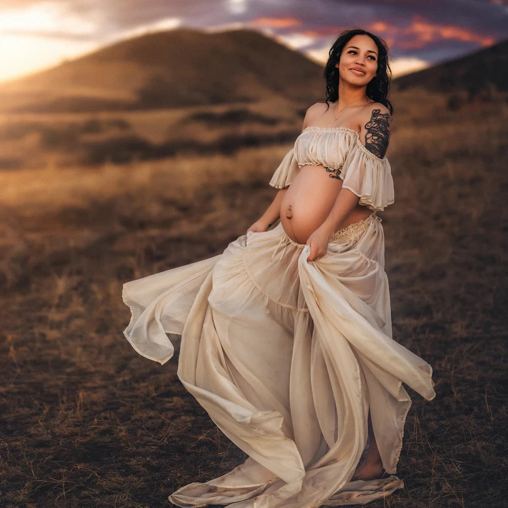 Solid Color ChiffonMaternity Dress Off The Shoulder Elastic Strapless Short Sleeved Dress Suitable For Female Photography