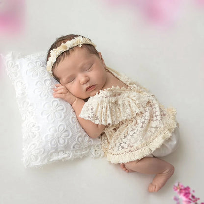 Beige Lace Ruffle Off Shoulder Romper Newborn Baby Girl Clothing