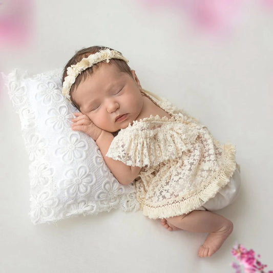Beige Lace Ruffle Off Shoulder Romper Newborn Baby Girl Clothing